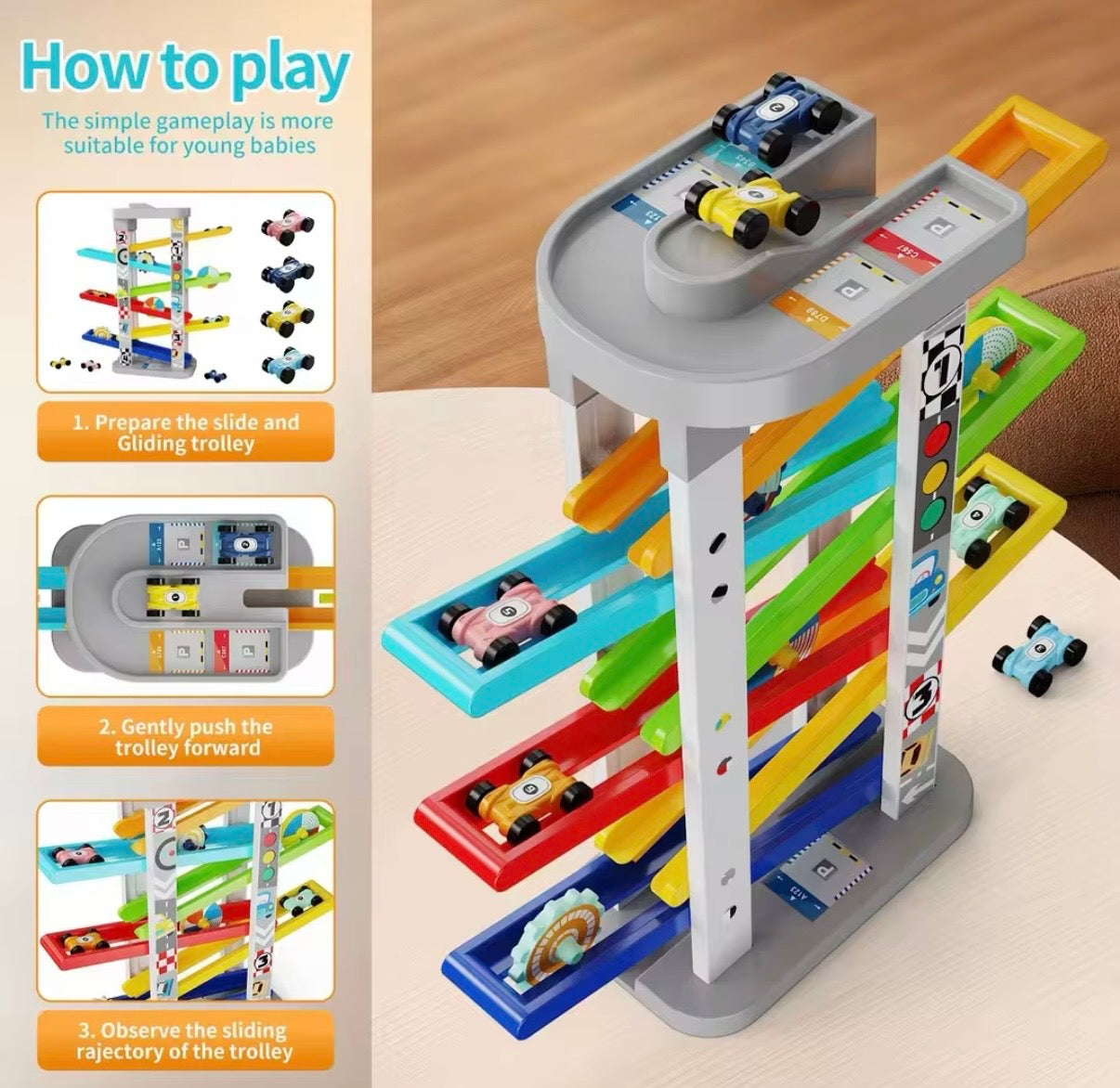 Montessori Car Ramp Toy Includes 6 Cars and Parking