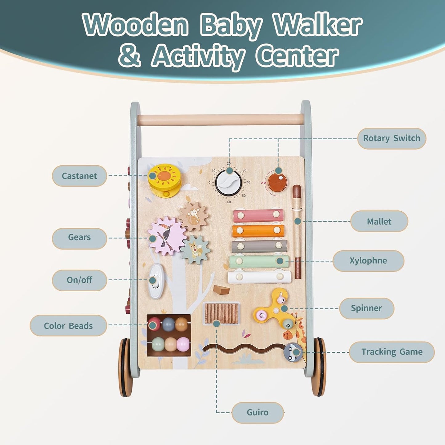 Premium Wooden Baby Activity Walker – Montessori Push Toy for Early Learning & First Steps