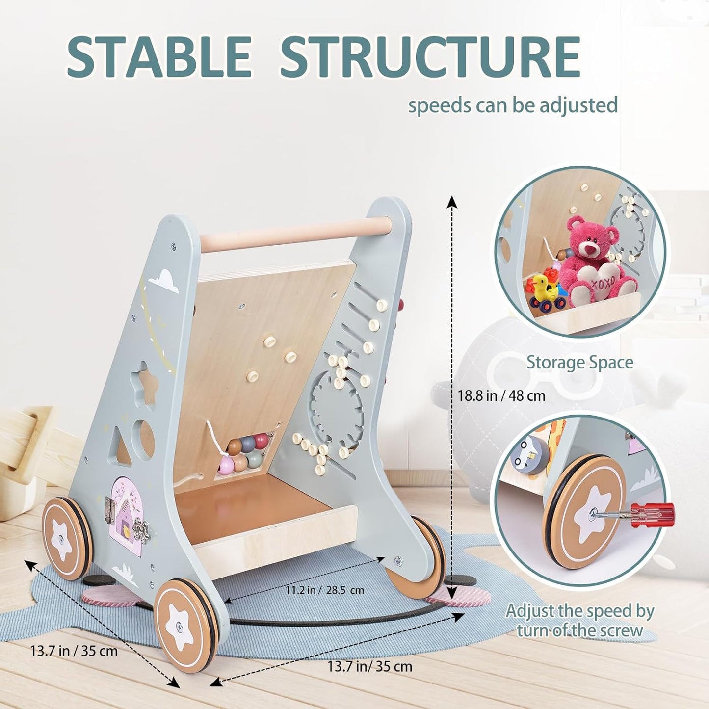 Premium Wooden Baby Activity Walker – Montessori Push Toy for Early Learning & First Steps