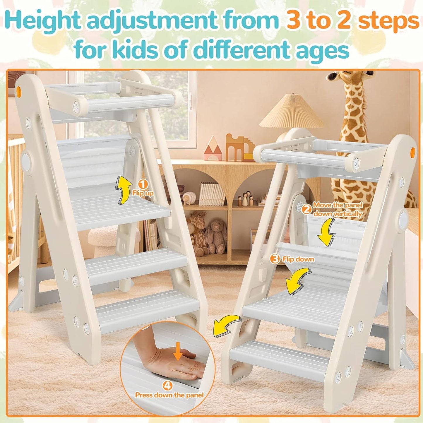 3 Adjustable Heights Montessori Toddler Standing Tower