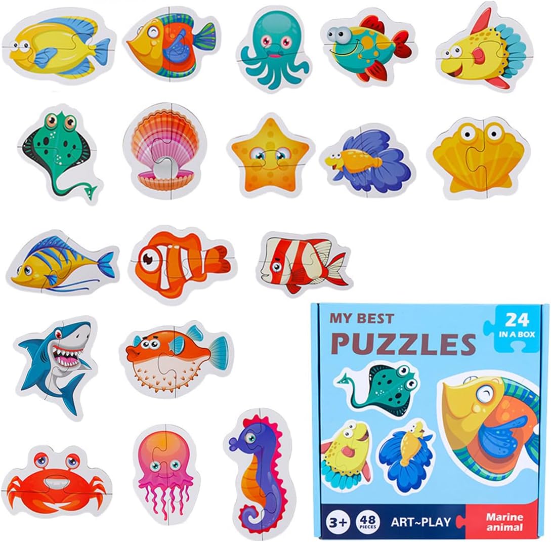 24-in-1 Kids Wooden Puzzle Set (48 Pieces) - Marine Animals