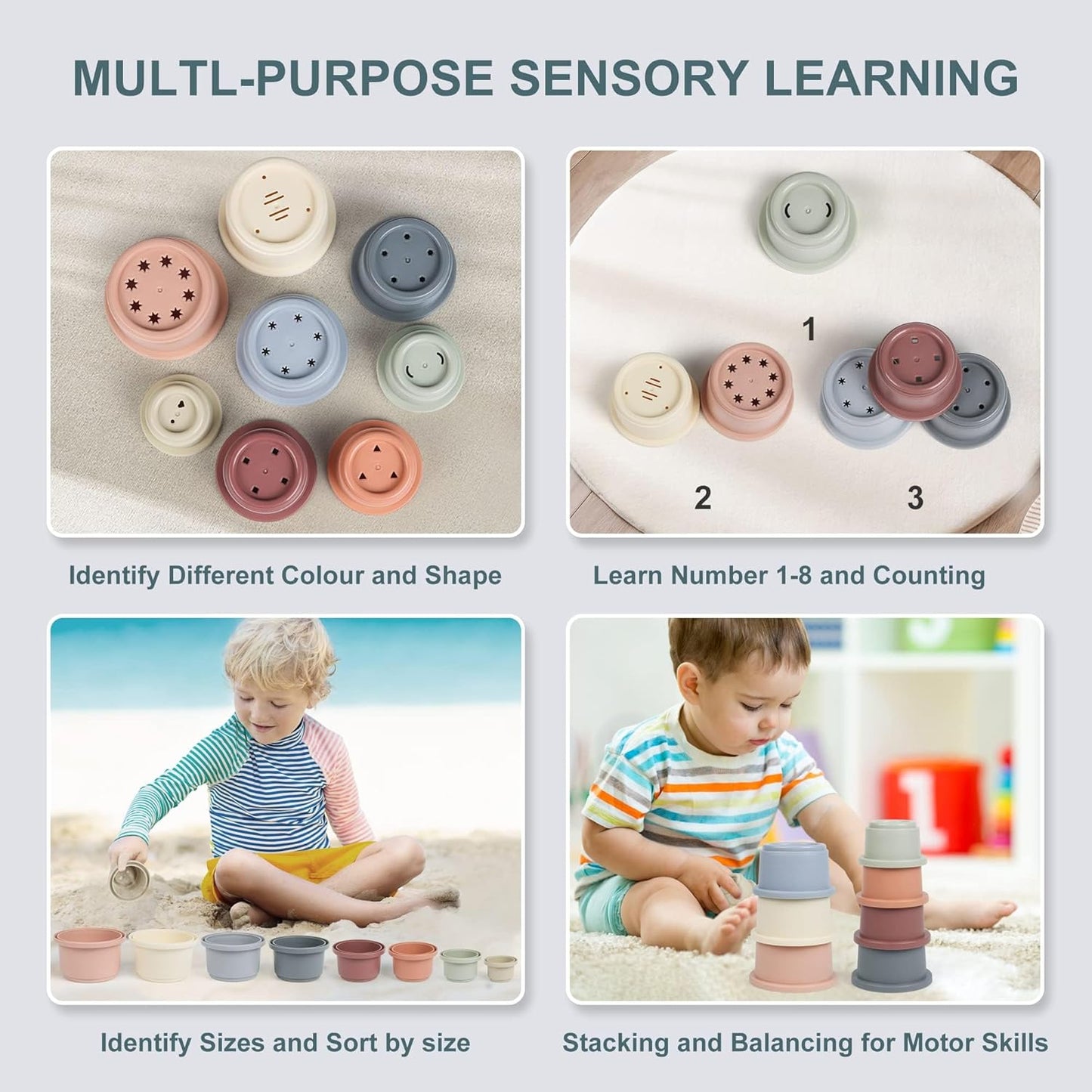 Baby Silicone Cups, Montessori Bath Toy for Toddlers