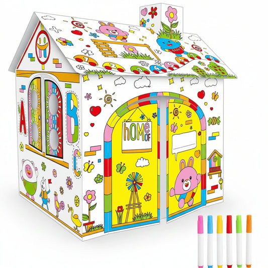 Colorful children's playhouse with cartoon designs and markers on a white background
